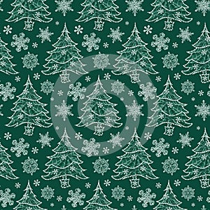 Vector green monochrome sparkling rows of christmas tree and snowflakes seamless background. Suitable for textile, gift