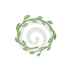 Vector green natural frame template, circle with leaves, blank wreath frame.