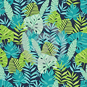 Vector green and navy blue scattered tropical summer hawaiian seamless pattern