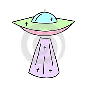 Vector Green and Pink flying saucer in flat style. Ufo sticker in children's style.