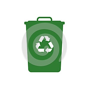 Vector green recycling bin with recycle logoon white background.