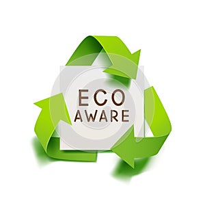 Vector green recycling symbol with paper banner for eco aware design