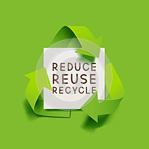 Vector green recycling symbol with paper banner and text reduce reuse recycle for eco aware design photo