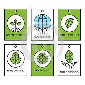 Vector green set of labels for organic products, food and cosmetics.