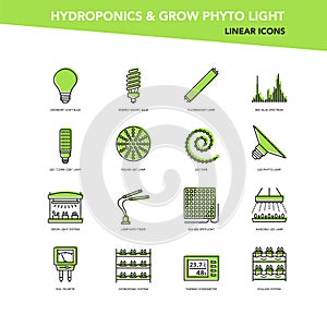 Vector green set of line icons - Hydroponics and grow led phyto light
