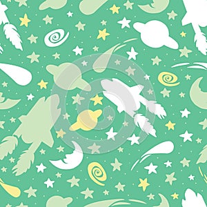 Vector green sillouette space shuttle with stars, moon and comet repeat pattern. Perfect for kids fabric, scrapbooking photo