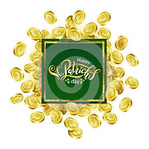 Vector Green square Advertising frame. Scattered golden coins depicting shamrock with lettering text St. Patricks Day