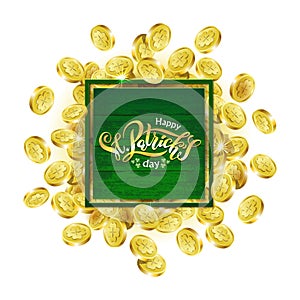Vector Green square Advertising frame. Scattered golden coins depicting shamrock with lettering text St. Patricks Day