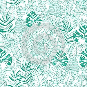 Vector green tropical leaves summer hawaiian seamless pattern with tropical green plants and leaves on navy blue photo