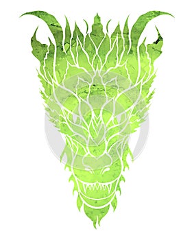 Vector green watercolor illustration of a silhouette dragon isolated from background. Fairy tale clipart of silhouette wyvern with