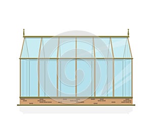 Vector greenhouse with glass, foundations and gable roof, side view.