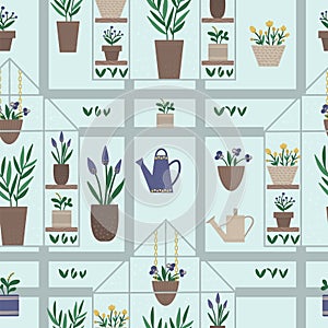 Vector greenhouse seamless pattern with plants in pots and flowers. Flat hot house repeat background. Front view greenroom texture