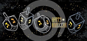 Vector greeting banner with outline Hanukkah or Hanuka dreidel or sevivon with Hebrew alphabet in gold on the black background.