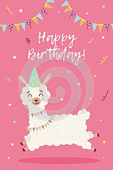 Vector greeting birthday card template. Happy cute alpaca with colour flags in party hat on pink background. Celebration