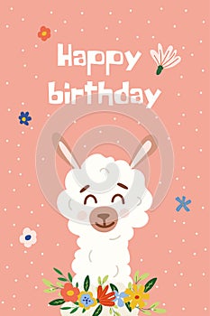 Vector greeting birthday card template. Happy cute alpaca on pink background. Celebration illustration.