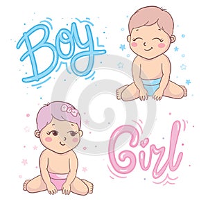 Vector greeting card. Baby shower card. Baby announcement card design element. It\'s a boy, it\'s a girl