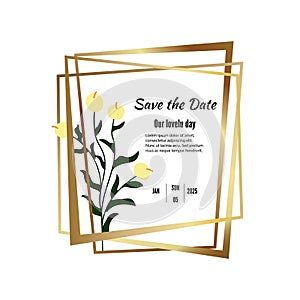 Vector greeting card. Botanical illustration. Gold frame made of three layers. Vector ENP 10