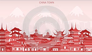 Vector greeting card with Chinese traditional houses in red colors