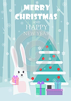 Vector Greeting card dedicated to Christmas and New Year with cute rabbit holding giftboxes at fir tree.
