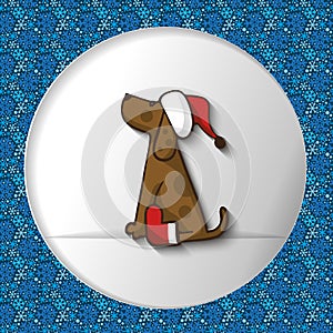 Vector greeting card with a dog in Santa hats, banners and ribbons of red Christmas gifts in the snow.