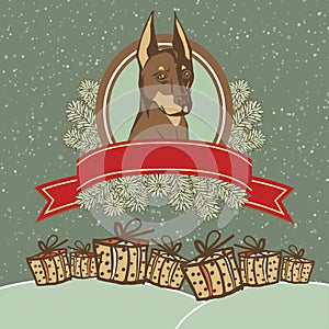 Vector greeting card with a dog in Santa hats, banners and ribbons of red Christmas gifts in the snow.