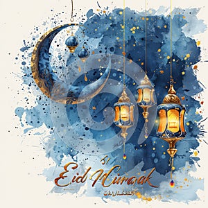 Vector greeting card for Eid Mubarak, decorative header with curly calligraphic font, art design