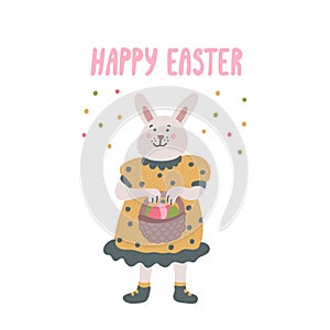 Vector greeting card with a female rabbit  with an Easter basket with eggs
