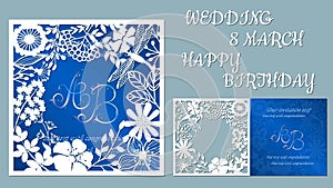 Vector greeting card for holidays. With the image of wildflowers and dragonflies. Inscriptions-wedding, March 8, happy birthday.