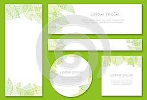 Vector Greeting Card Illustration Set With Leaf Vein Decoration Pattern And Text Space Isolated On A Green Background.