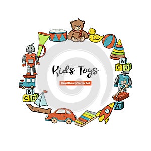 Vector greeting card with kids toy set in circle with text