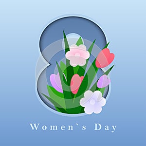 Vector greeting card for March 8th with 3d cut paper effect. International Women\'s Day. A bouquet of flowers that climbs out from