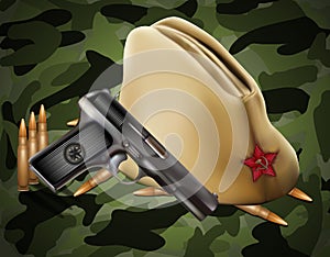 Vector greeting card with military objects
