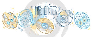 Vector greeting card with outline ethnic Ukrainian Easter egg Pysanka in pastel blue and beige isolated on white background.