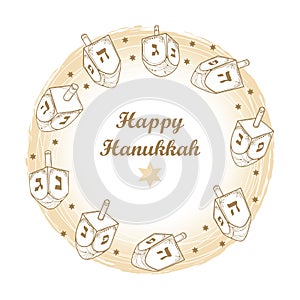 Vector greeting card with outline Hanukkah or Hanuka dreidel or sevivon with Hebrew alphabet in pastel beige isolated on white.