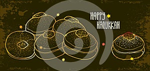 Vector greeting card with outline traditional symbol Hanukkah sufganiyah or sufganiyot or doughnut in golden colored on black.