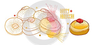 Vector greeting card with outline traditional symbol Hanukkah sufganiyah or sufganiyot or doughnut in pastel beige and pink.