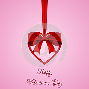 Vector greeting card with red bow and heart. Template for Valentine`s day.