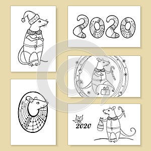 Vector greeting card set with outline happy rat in black isolated. Symbol of Chinese New Year 2020 in contour style.