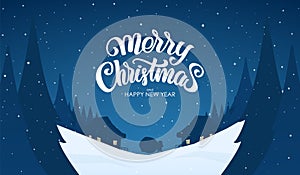 Vector greeting card. Snowy landscape background with hand lettering of Merry Christmas, Santa Claus and night village.