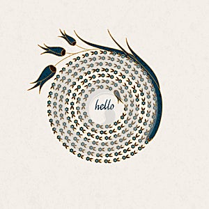 Vector greeting card template with spiral flower figure tulips and hand drawn word hello inside