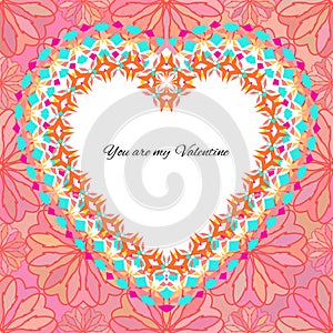 Vector greeting card template to valentine`s day. Congratulation`s backgrounds with romantic pattern, heart, text and ethnic decor