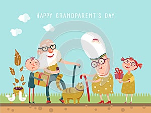 Vector greeting card to Grandparents day with granny, grandpa and kids