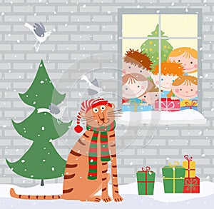 Vector greeting new years card with cute cartoon tiger sitting near fir tree with gift boxes and looking at window on cheerful