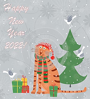 Vector greeting new years card with cute cartoon tiger sitting near fir tree with gift boxes on snowy december day