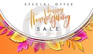 Vector greeting thanksgiving promoution banner with hand lettering label - happy thanksgiving - with bright autumn