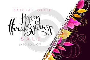 Vector greeting thanksgiving sale promotion banner with hand lettering label - happy thanksgiving - with bright autumn