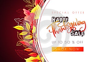 Vector greeting thanksgiving sale promotion banner with hand lettering label - happy thanksgiving - with bright autumn