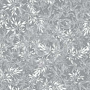 Vector Grey Blossom Branches Leaves Summer Seamless Pattern Background. Great for elegant gray texture fabric, cards