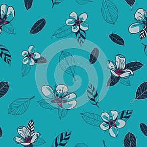 Vector grey cherry flowers blue seamless pattern