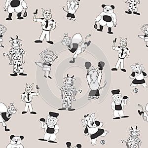 Vector grey cute black and white anthromorphic cartoon characters seamless pattern background